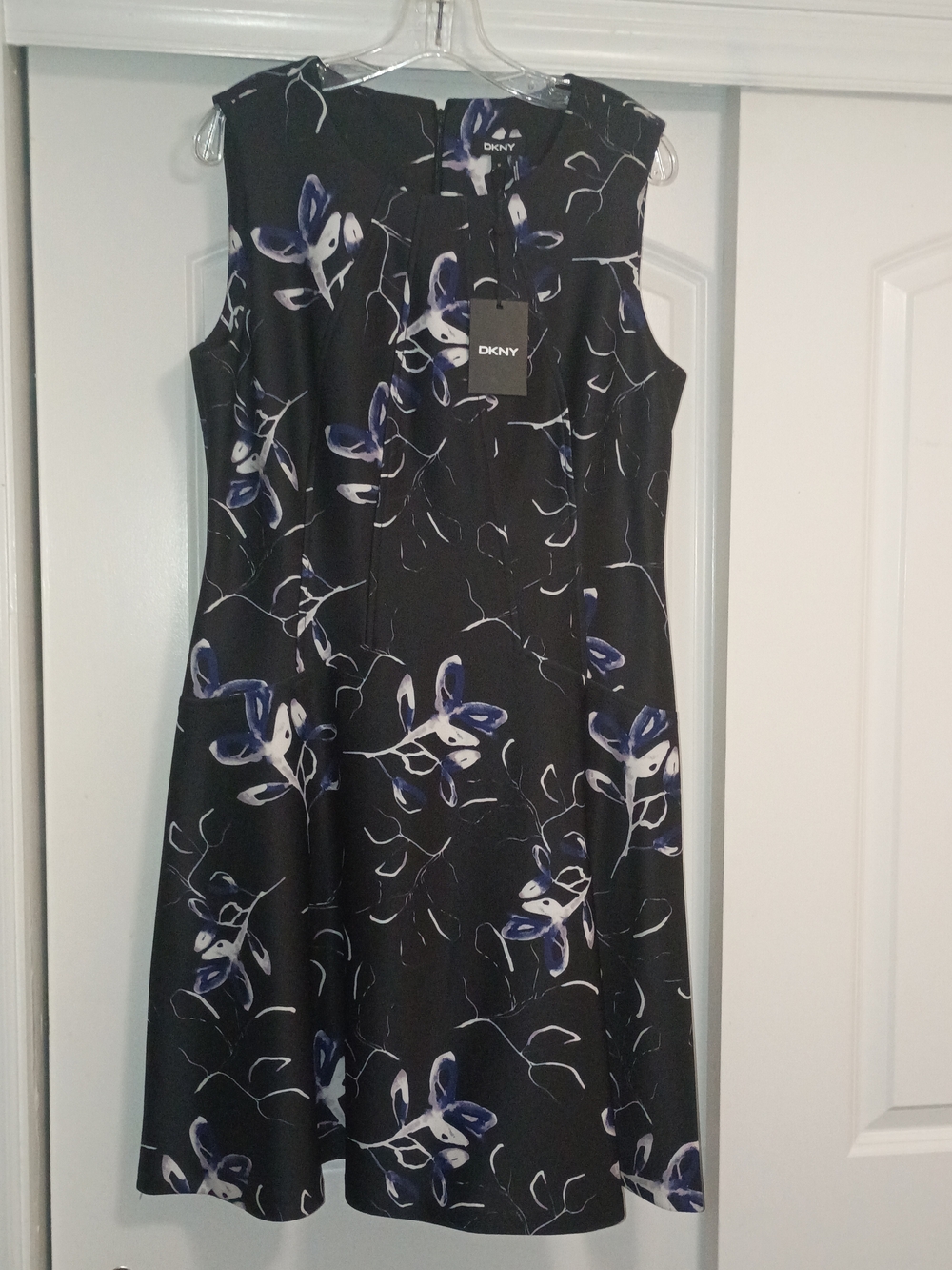 DKNY Black Midi Dress with Blue and White Floral Print